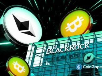 Edifício da BlackRock com logos do Bitcoin e Ethereum flutuando, representando movimentação de US$ 290 milhões entre as criptomoedas