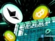Edifício da BlackRock com logos do Bitcoin e Ethereum flutuando, representando movimentação de US$ 290 milhões entre as criptomoedas