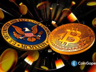 Ilustração artística mostrando emblema da SEC colidindo com moeda Bitcoin em fundo escuro com efeitos luminosos