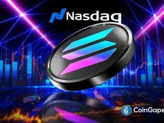 Ilustração mostrando logo da Solana em 3D com marca da Nasdaq e gráficos de mercado, representando aprovação da SOL Strategies.