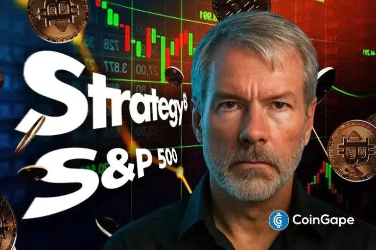 Michael Saylor em composição com logo da Strategy, gráficos de Bitcoin e referência ao S&P 500