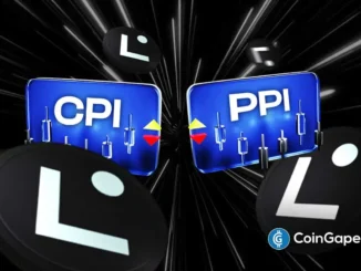 Gráfico conceitual mostrando painéis azuis com texto CPI e PPI cercados por símbolos da Linea e gráficos de candlestick em fundo preto com efeitos de luz