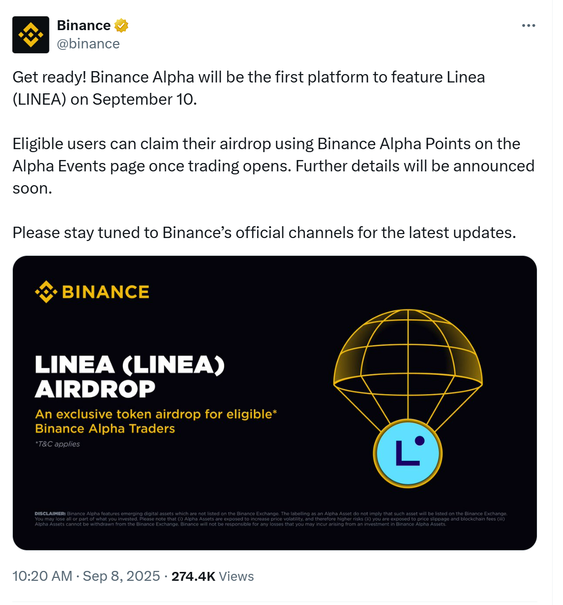 Tweet da Binance sobre lançamento do token Linea na plataforma Alpha com arte promocional mostrando logo da Linea em paraquedas dourado.
