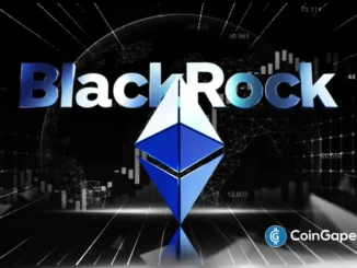 Logo da BlackRock ao lado do símbolo do Ethereum sobre fundo de gráficos financeiros e dados de mercado