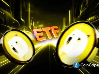 Ilustração digital mostrando moedas de Dogecoin com texto ETF em destaque