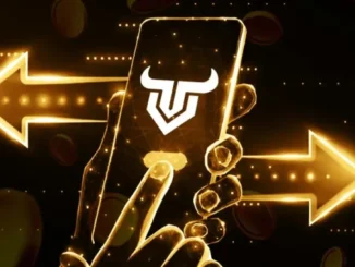 Mão segurando celular com logo da OneBullEx na tela, cercado por setas douradas brilhantes apontando para esquerda e direita em fundo escuro com efeitos luminosos.