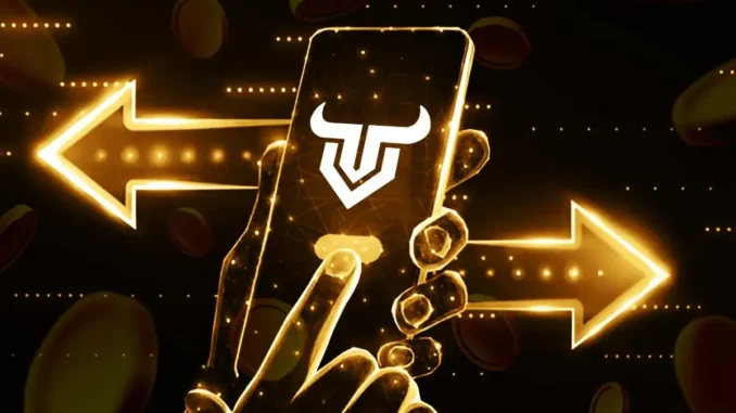 Mão segurando celular com logo da OneBullEx na tela, cercado por setas douradas brilhantes apontando para esquerda e direita em fundo escuro com efeitos luminosos.