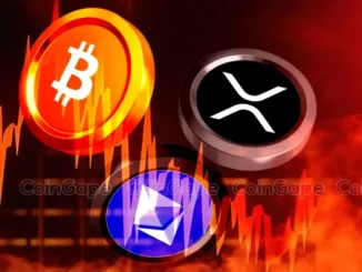 Logos do Bitcoin, Ethereum e XRP sobre fundo vermelho com gráficos de queda indicando volatilidade