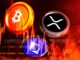 Logos do Bitcoin, Ethereum e XRP sobre fundo vermelho com gráficos de queda indicando volatilidade