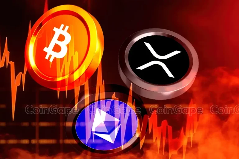 Logos do Bitcoin, Ethereum e XRP sobre fundo vermelho com gráficos de queda indicando volatilidade