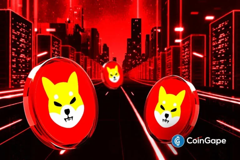 Três moedas SHIB com logo do Shiba Inu flutuando em estrada futurística com cidade neon vermelha