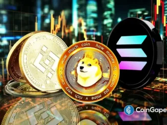 Moedas físicas representando BNB, Dogecoin e Solana com gráficos de trading ao fundo