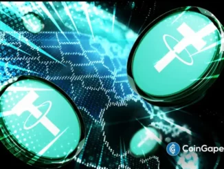 Imagem digital mostrando símbolos de stablecoin Tether em esferas verdes com efeitos luminosos e circuitos tecnológicos ao fundo