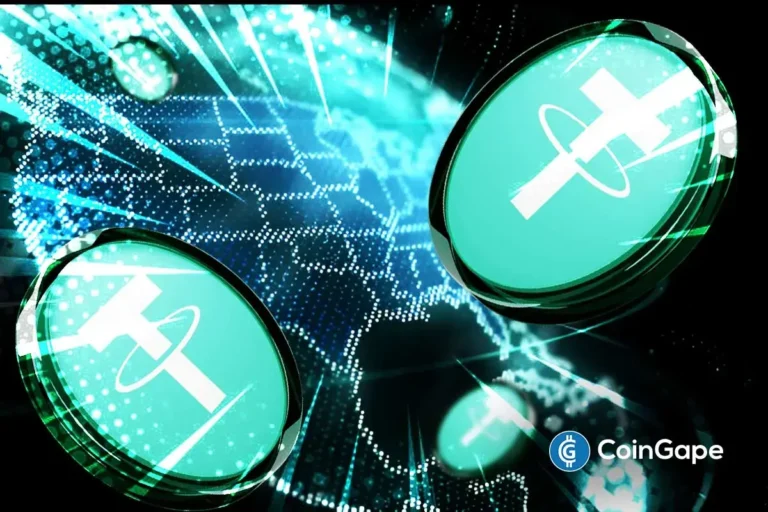 Imagem digital mostrando símbolos de stablecoin Tether em esferas verdes com efeitos luminosos e circuitos tecnológicos ao fundo