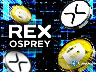 Ilustração digital mostrando logos da REX-Osprey, Dogecoin e XRP sobre fundo tecnológico azul com efeitos visuais futuristas