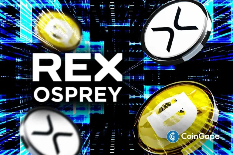 Ilustração digital mostrando logos da REX-Osprey, Dogecoin e XRP sobre fundo tecnológico azul com efeitos visuais futuristas