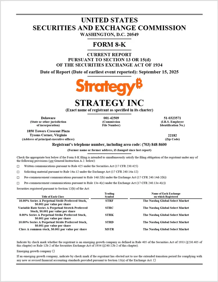 Documento oficial Form 8-K da Strategy Inc submetido à SEC