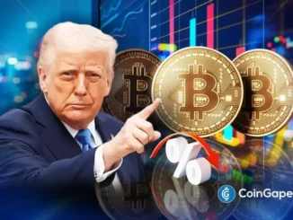 Ilustração conceitual de Donald Trump apontando para moedas de Bitcoin com gráficos de mercado ao fundo.