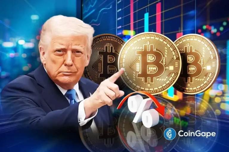 Ilustração conceitual de Donald Trump apontando para moedas de Bitcoin com gráficos de mercado ao fundo.