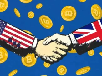 Ilustração de aperto de mãos entre representantes do Reino Unido e Estados Unidos cercado por moedas de Bitcoin douradas sobre fundo azul.
