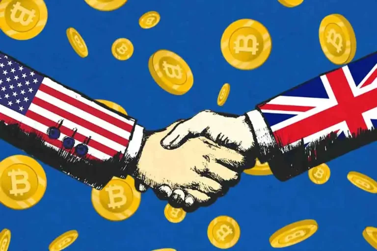 Ilustração de aperto de mãos entre representantes do Reino Unido e Estados Unidos cercado por moedas de Bitcoin douradas sobre fundo azul.