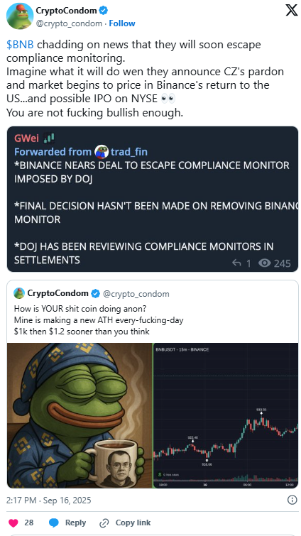 Tweet de CryptoCondom sobre BNB e possível IPO da Binance