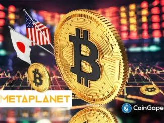 Moedas douradas de Bitcoin com bandeiras dos EUA e Japão ao fundo, representando a expansão internacional da Metaplanet.