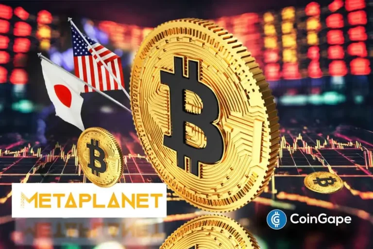 Moedas douradas de Bitcoin com bandeiras dos EUA e Japão ao fundo, representando a expansão internacional da Metaplanet.