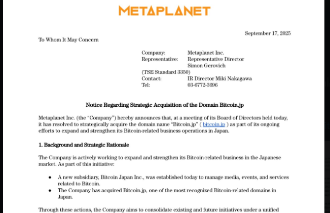 Documento corporativo da Metaplanet anunciando a aquisição estratégica do domínio Bitcoin.jp