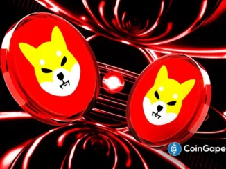 Arte conceitual mostrando dois tokens circulares do Shiba Inu em ambiente tridimensional com efeitos de luz vermelha