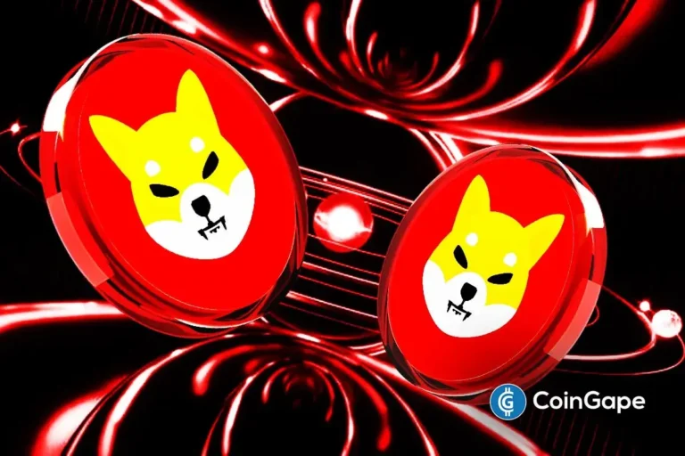 Arte conceitual mostrando dois tokens circulares do Shiba Inu em ambiente tridimensional com efeitos de luz vermelha