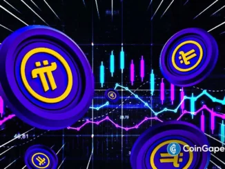 Ilustração 3D mostrando símbolos da Pi Network e outras criptomoedas com gráficos de trading, candlesticks e análise de mercado em fundo azul e roxo.