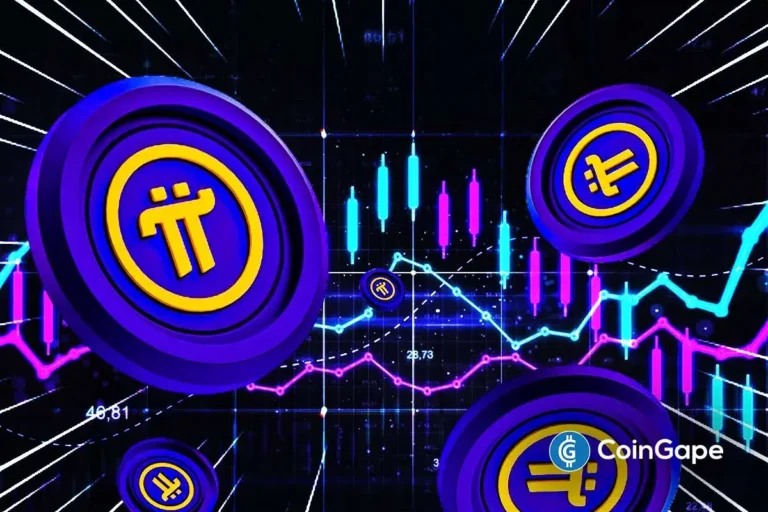 Ilustração 3D mostrando símbolos da Pi Network e outras criptomoedas com gráficos de trading, candlesticks e análise de mercado em fundo azul e roxo.