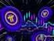 Ilustração 3D mostrando símbolos da Pi Network e outras criptomoedas com gráficos de trading, candlesticks e análise de mercado em fundo azul e roxo.