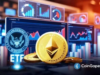 Representação visual de ETFs de Ethereum com moedas douradas, logo da SEC e painéis de análise financeira ao fundo
