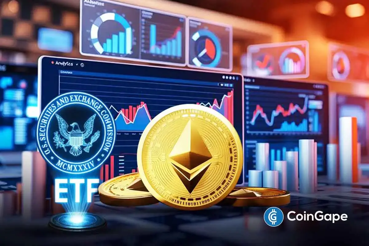 Representação visual de ETFs de Ethereum com moedas douradas, logo da SEC e painéis de análise financeira ao fundo