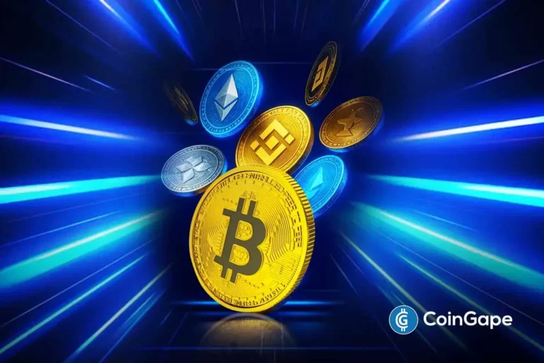 Ilustração 3D mostrando Bitcoin em primeiro plano com Ethereum, Binance Coin e outras altcoins em fundo azul futurista.