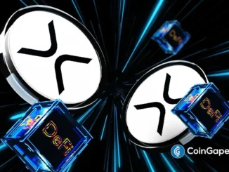 Ilustração digital mostrando os logos das criptomoedas XRP e Flare (FLR) conectados por cubos transparentes azuis com a palavra "DeFi" em destaque, representando a integração entre as duas redes blockchain