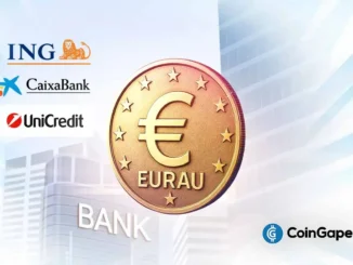 Moeda digital EURAU com logos dos bancos ING, CaixaBank e UniCredit em fundo corporativo