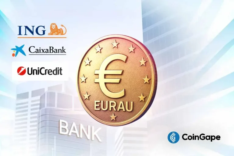 Moeda digital EURAU com logos dos bancos ING, CaixaBank e UniCredit em fundo corporativo