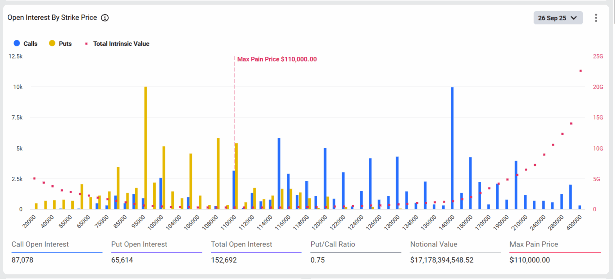 Gráfico de barras mostrando distribuição de calls e puts do Bitcoin com preço de máxima dor em US$ 110.000