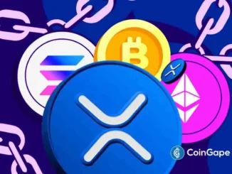 Logos do Bitcoin, Ethereum, Solana e XRP em destaque sobre fundo roxo com correntes digitais