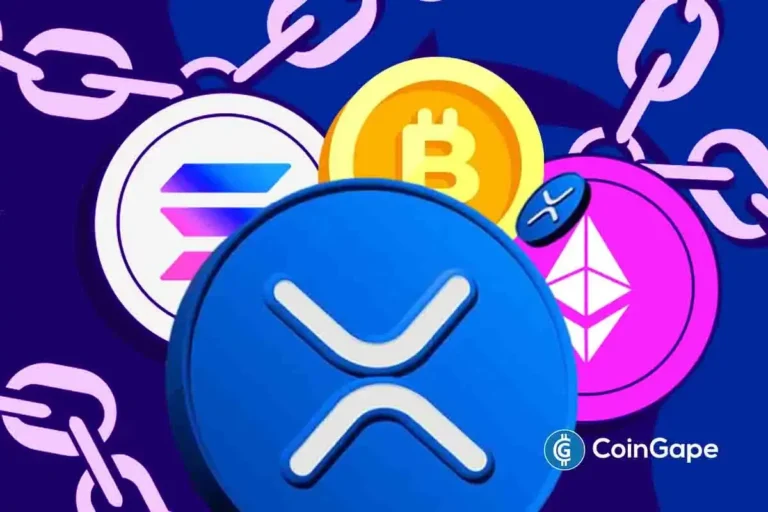 Logos do Bitcoin, Ethereum, Solana e XRP em destaque sobre fundo roxo com correntes digitais