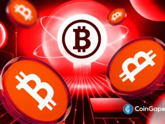 Imagem conceitual do Bitcoin com múltiplas moedas digitais flutuando em fundo vermelho com efeitos de luz.