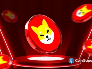 Ilustração 3D de múltiplas moedas SHIB flutuando em ambiente vermelho com logo CoinGape