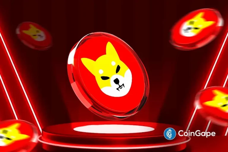 Ilustração 3D de múltiplas moedas SHIB flutuando em ambiente vermelho com logo CoinGape