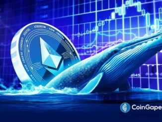 Imagem artística de baleia emergindo com moeda ETH e gráficos de preços em fundo azul representando atividade de grandes investidores