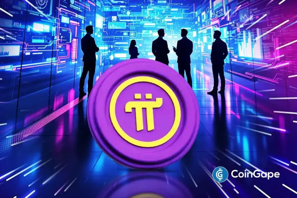 Símbolo da criptomoeda Pi em destaque com silhuetas de executivos ao fundo em ambiente tecnológico digital.