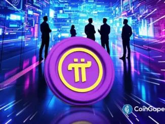 Símbolo da criptomoeda Pi em destaque com silhuetas de executivos ao fundo em ambiente tecnológico digital.