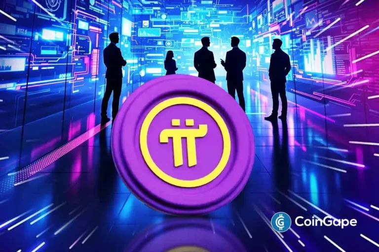 Símbolo da criptomoeda Pi em destaque com silhuetas de executivos ao fundo em ambiente tecnológico digital.
